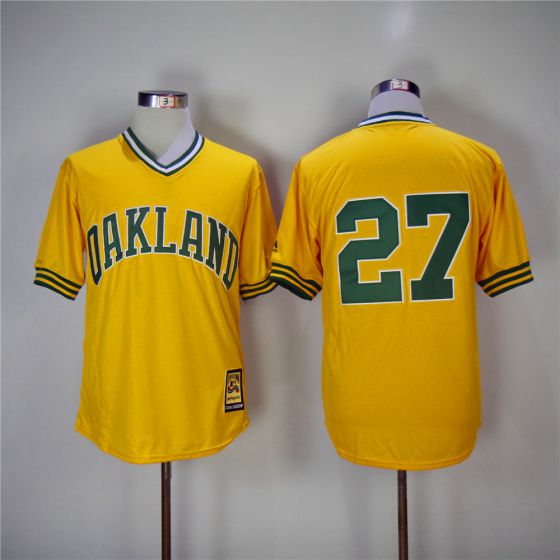 Men Oakland Athletics #27 Catfish Hunter Yellow Throwback MLB Jerseys